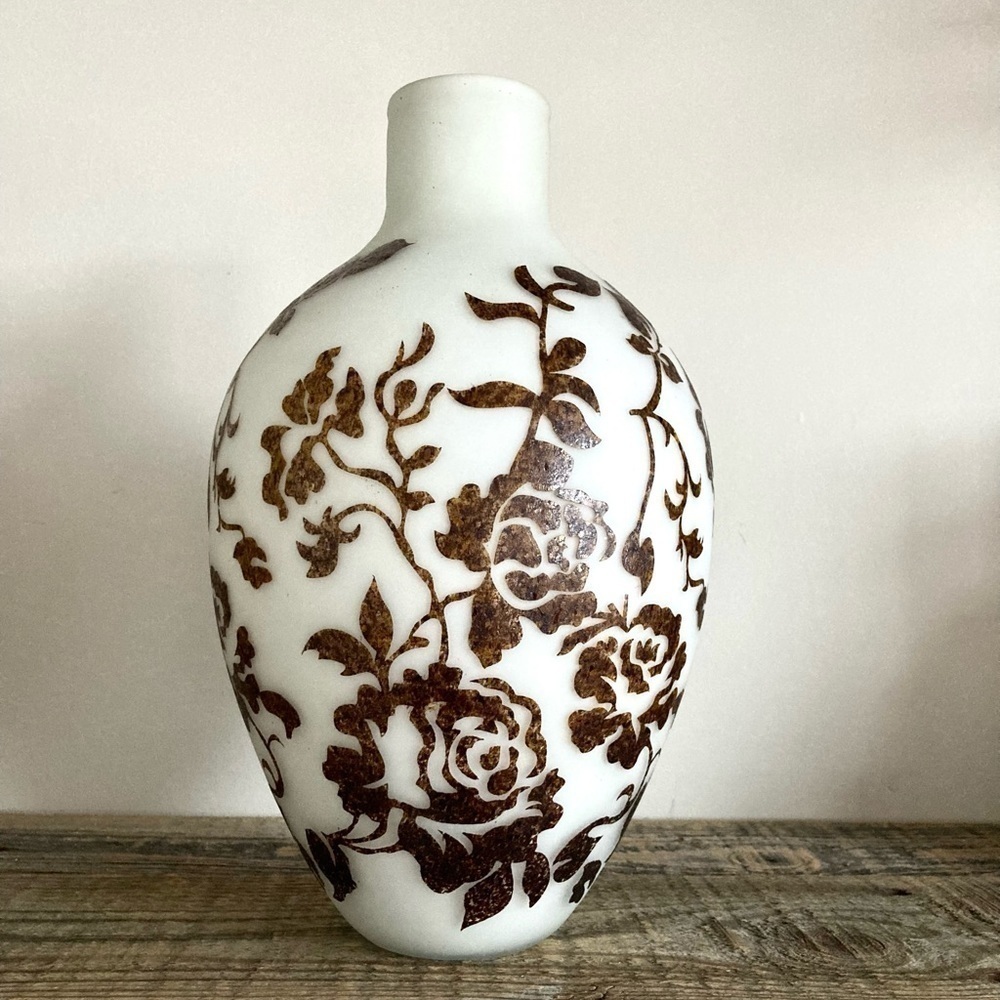 Satin white art glass cameo vase unsigned